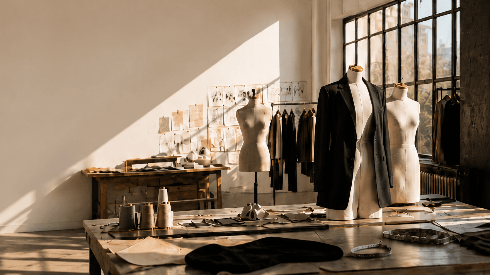 Neutral garments and tailoring forms in the LUMERÉ studio
