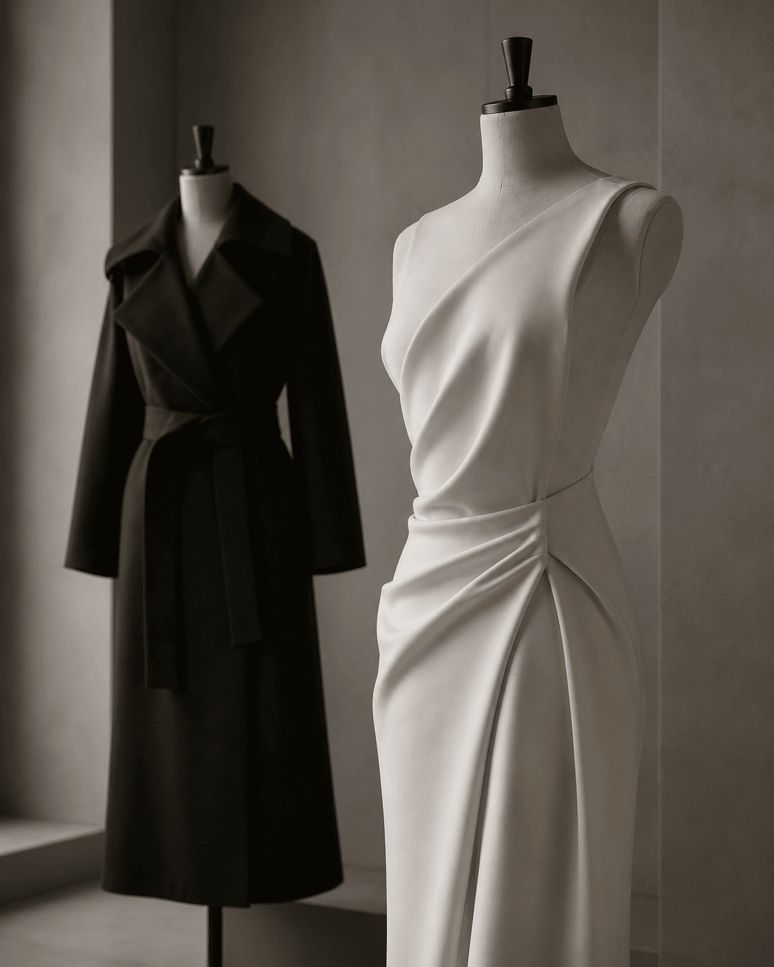 Black and ivory garments on dress forms